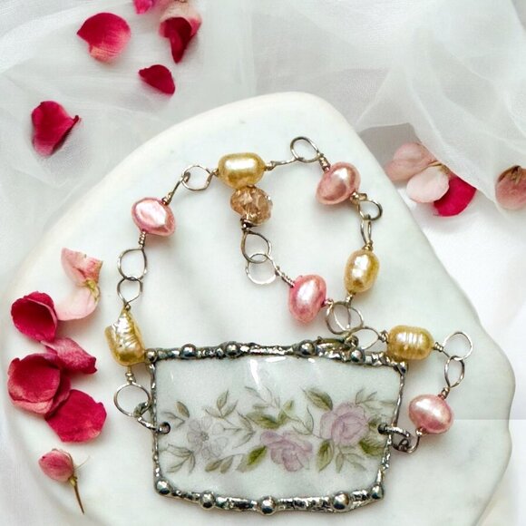 Artisan Jewelry - Broken China Cabochon Bracelet Crafted Silver Blend Metalwork, Freshwater Pearls